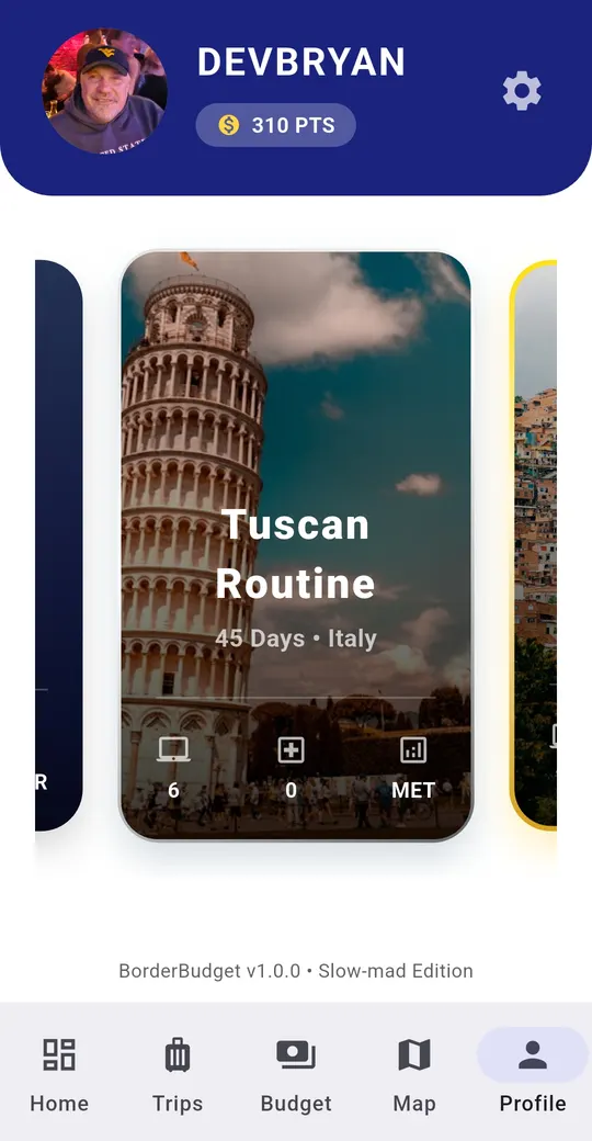 BorderBudget profile screen with Basecamp cards showing days spent, budget and vetted work spots per city