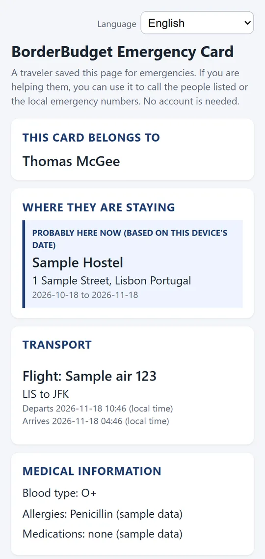 BorderBudget Lifeline emergency card opened in a phone browser, showing the card holder's name, where they are staying, a flight and medical information, with a language selector