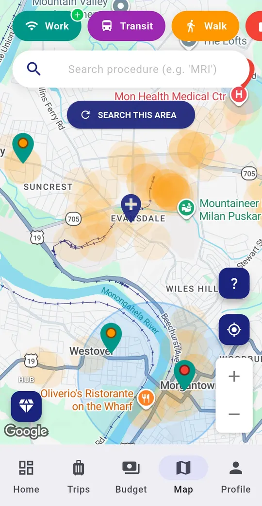 BorderBudget map of Morgantown, West Virginia with teal work-spot pins graded by WiFi quality, a hospital pin and a Search This Area button